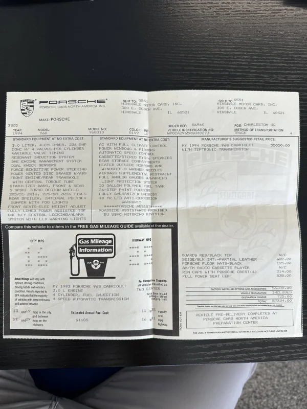 1994 Porsche 968 1 Owner 29000 Original Miles - Image 69